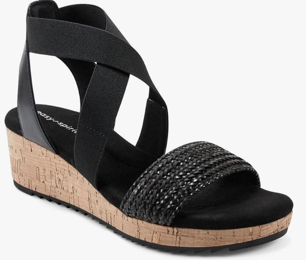 Easy Spirit Womens 8.5 Black leather Lorena 2 platform wedge slip on sandal NEW